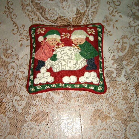 Christmas Throw Pillow Set with Boy & Girl Building Igloo, 12 x 12" - Picture 2 of 3